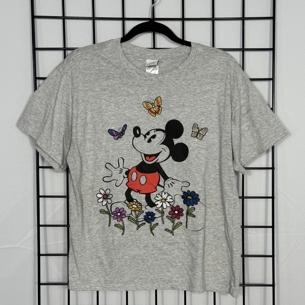Disney Mickey Mouse T-Shirt Womens Large Gray Embroidered Flowers Butterflies